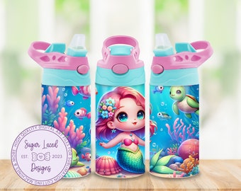 Mermaid 12oz Kids Flip Top Sippy Cup Wrap, 12oz Straight Tumbler Sublimation PNG, Children's Tumbler Digital Download