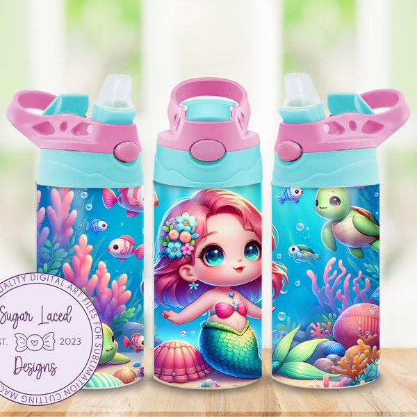 Mermaid 12oz Kids Flip Top Sippy Cup Wrap, 12oz Straight Tumbler Sublimation PNG, Children's Tumbler Digital Download