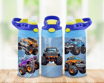 Monster Truck 12oz Kids Flip Top Sippy Cup, 12oz Straight Tumbler Sublimation PNG, Children's Trucks Design, digital download