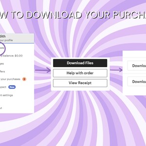 Pu&ograve; includere: Uno sfondo a strisce viola e bianche con uno screenshot di un sito web che mostra come scaricare gli acquisti. Il sito web ha un menu con opzioni come Acquisti, Messaggi, Le tue offerte, Rivedi i tuoi acquisti, Il tuo impatto, Impostazioni account e Esci. Il sito web ha anche un pulsante che dice "Scarica file" e due pulsanti che dicono "Scarica" con un'icona di nuvola.