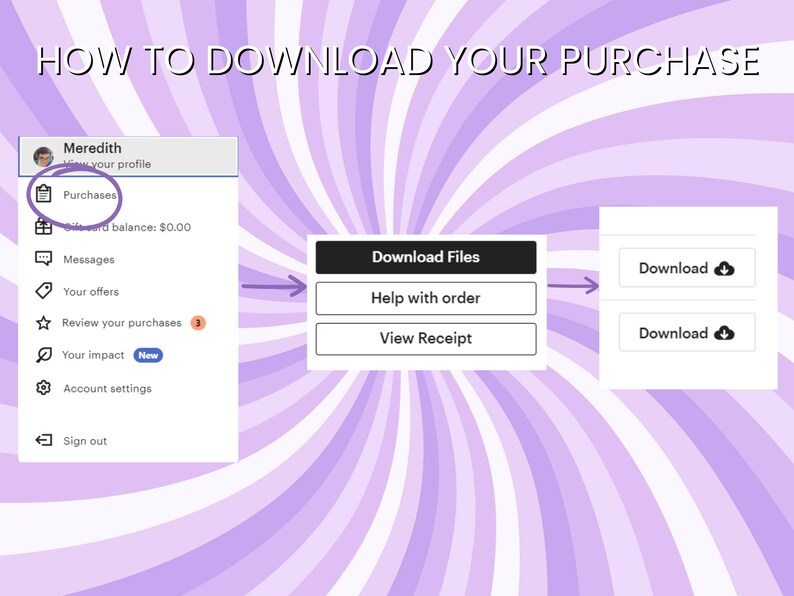 Pu&ograve; includere: Uno sfondo a strisce viola e bianche con uno screenshot di un sito web che mostra come scaricare gli acquisti. Il sito web ha un menu con opzioni come Acquisti, Messaggi, Le tue offerte, Rivedi i tuoi acquisti, Il tuo impatto, Impostazioni account e Esci. Il sito web ha anche un pulsante che dice "Scarica file" e due pulsanti che dicono "Scarica" con un'icona di nuvola.