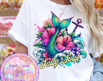 Salty Soul Mermaid T-Shirt Design PNG, Sassy Summer Sublimation, Beach Vibes PNG, Digital Download