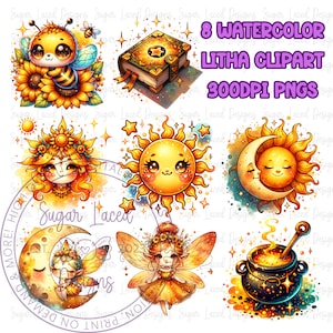 Watercolor Litha Clipart PNG Set, Floral Pagan Holiday Wiccan Art Illustrations Clip art, Summer Solstice png, Litha Sun Goddess Sublimation