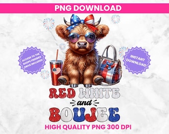 Design patriottico di mucca delle Highlands, Memorial Day 4 luglio PNG, rosso, bianco e boujee sublimazione PNG 300 DPI, download digitale