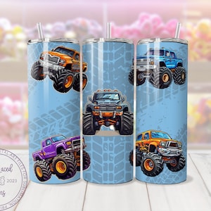 Kids Monster Trucks 20oz Tumbler Wrap, Monster Trucks Sublimation, Kid&#39;s Tumbler PNG, Trendy Kid&#39;s Designs, Digital Download