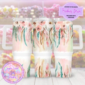 Pastel Flower Wrap for 40oz Tumbler, Boho Floral PNG Tumbler Design, Feather Sublimation Designs Downloads for 40 oz Tumbler