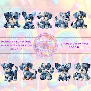 Puede incluir: Un paquete de arte digital con cachorros de patchwork de mezclilla en varias poses. El diseño incluye una huella de pata y el texto "DENIM PATCHWORK PUPPIES PNG DESIGN BUNDLE". La imagen también incluye el texto "10 4096X4096 PX PNGS 300 DPI".
