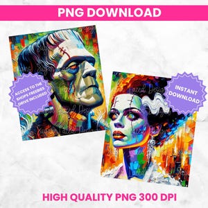 Pacote de designs para camisetas da Noiva de Frankenstein e Frankenstein, PNGs góticos, somente download digital.