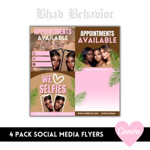 Könnte beinhalten: Vier Social-Media-Flyer in Rosa und Braun, die Termine und Selfies bewerben. Die Flyer zeigen Bilder von Frauen und den Text "Appointments Available" und "We Selfies". Das Canva-Logo ist sichtbar.