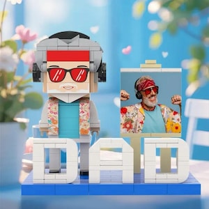 Gepersonaliseerde 'DAD'-bouwsteenfiguur en fotodisplay, gepersonaliseerde minifiguur van jouw foto, Vaderdagcadeau, kerstcadeau