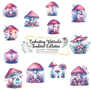 Clipart de champignon vénéneux aquarelle enchanteur, 12 graphiques de conte de fées Pastel rose violet PNG, téléchargement immédiat, Images créatives de Style fantastique