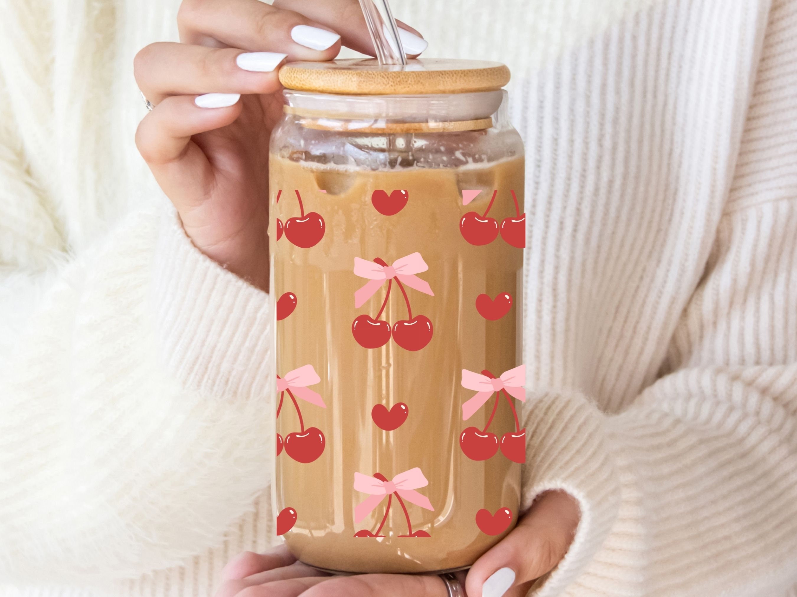 Personalized Coquette Cherry Glass Cup With Straw and Lid, Coquette Bow ...