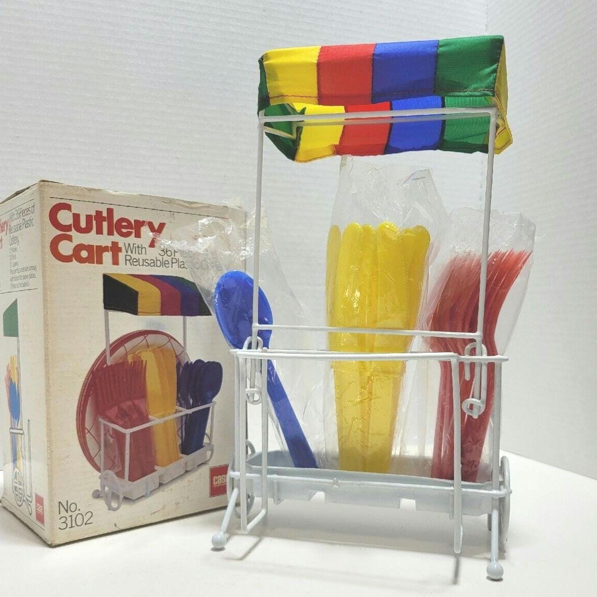 1984 Cutlery Cart Holder Picnic Party Table Basket Silverware Camping Vintage