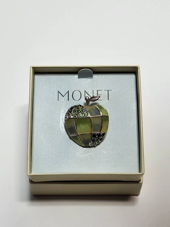 Signed Monet Green Apple Rhinestone Silver Broach… - image 1