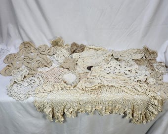 Vintage Handmade Crochet Doily Lot Lace Table Runners Cream Beige Boho 21pc