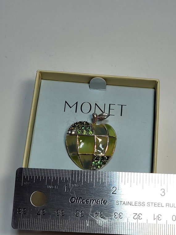 Signed Monet Green Apple Rhinestone Silver Broach… - image 10