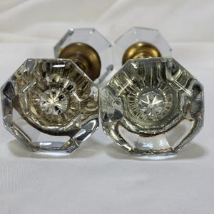 Antique Octagonal Clear Glass Door Knobs with Brass Bases & Spindles 2 Pairs