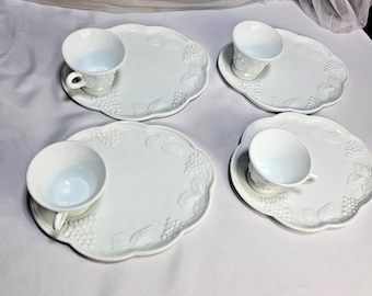 Colony Harvest Milk Glass Luncheon Snack Plate & Teacup Set Vintage Milk Glass