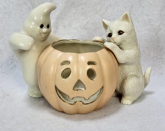Lenox Halloween Ghost Cat Pumpkin Votive Candle Holder Ivory China 2002