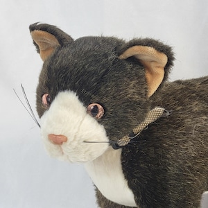 May include: A plush cat toy with dark brown fur, a white face, and a white chest. The stuffed animal features amber-colored plastic eyes, a pink nose, long black whiskers, and a textured tan collar around its neck with pointed ears.