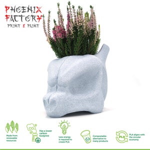 May include: A light grey, skull-shaped planter filled with pink and green flowering plants. The planter has a textured surface and the text "PHOENIX FACTORY PRINT & PAINT" is visible. Additional icons indicate the product is made from renewable resources and is compostable.