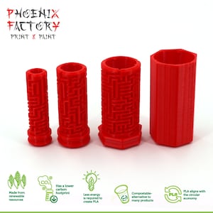 May include: Four red 3D printed cylindrical containers of varying sizes. The containers have a maze-like pattern on the sides. The containers are made from PLA, a biodegradable plastic.