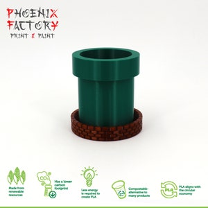 May include: A green and brown 3D printed pipe, inspired by the Super Mario Bros. video game, is a fun and unique desk organiser. The pipe is made from PLA plastic, a sustainable and eco-friendly material.