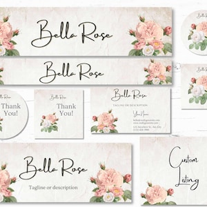 May include: A set of printable digital files for a floral themed business. The files feature the name "Bella Rose" and a floral design with pink and white roses. The files include a business card, thank you card, and social media banners.