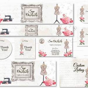May include: A set of printable digital designs for a sewing business called "Sew Oa La La". The designs feature a vintage style with a sewing machine, a dress form, and pink roses. The designs include a business card, a thank you tag, a logo, and a custom listing label.
