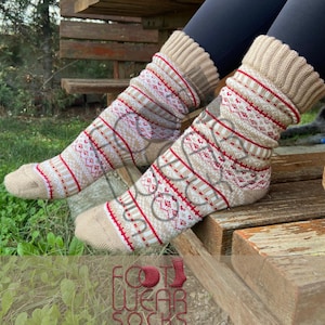Soft Wool Socks For Women, Cozy Fair Isle Winter Socks, Warm Nordic Knit Socks, Beige And Red Thermal Hygge Gift, Perfect For Cold Days