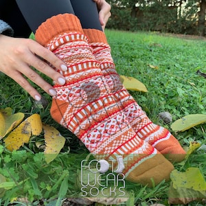 Calzini in lana merino: maglia nordica arancione, calore invernale, calzini da donna morbidi e caldi, calzini nordici vintage