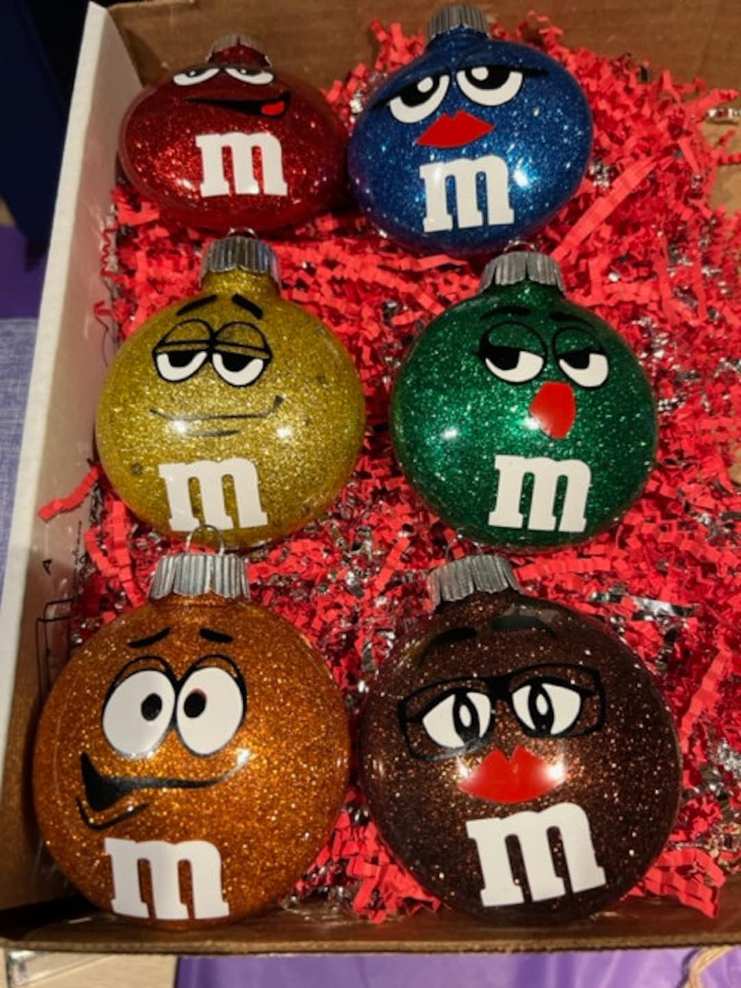 M and M Glitter Ornaments Etsy