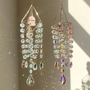 Rose Quartz Gemstone Crystal Suncatcher, Wind Chime, Handmade Home Decor, Hanging Window Prism, Garden Charm Decor, Room Decor, Gift for Mom