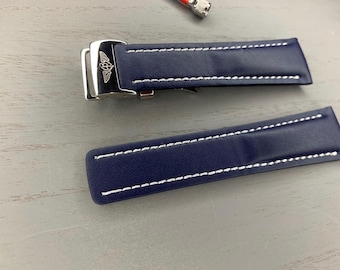 Breitling leather Watch Strap: Blue Leather Band, 22mm/24mm
