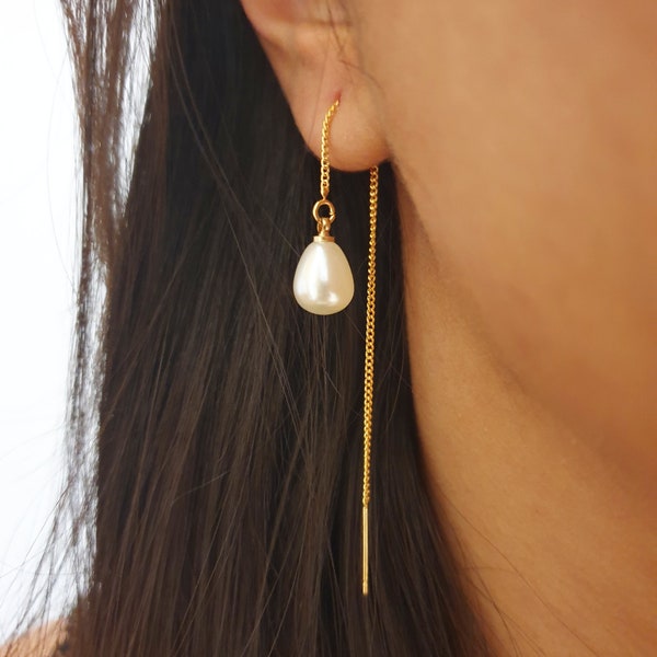 Pearl teardrop threader earrings