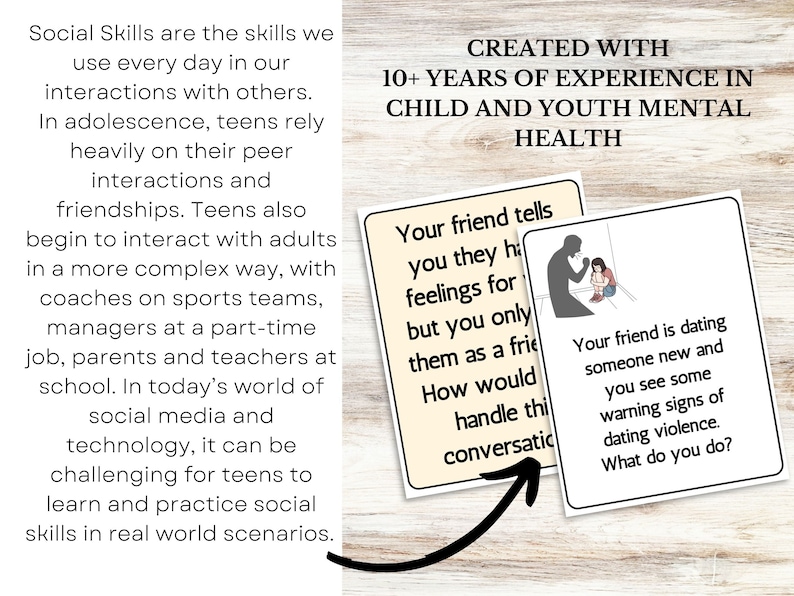May include: Two cards with black borders and white backgrounds. The card on the left has the text "Your friend tells you they have feelings for you but you only see them as a friend. How would you handle this conversation?" The card on the right has the text "Your friend is dating someone new and you see some warning signs of dating violence. What do you do?" The card on the right has a black and white illustration of a person yelling at another person.