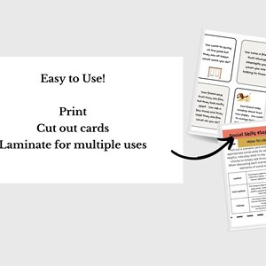 May include: A set of printable social skills flash cards with illustrations of dogs and swings. The cards feature scenarios for role-playing social situations. The text on the cards includes "How to Use" and "Social Skills Flash Cards".