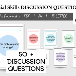 Perguntas para discussão sobre habilidades sociais, cartões para impressão para crianças e adolescentes, recursos de habilidades socioemocionais