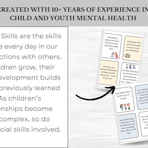 May include: A set of colorful cards with illustrations of children and text about social skills. The text on the cards includes phrases like "Your friend tells you that you get two loud when you tell stories." and "Your friend cuts in front of you in line-up."
