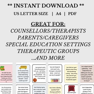 May include: A set of 12 colorful cards with illustrations and text. The cards are designed to help children learn about social-emotional skills. The text on the cards includes phrases like "You told on your friend when they did something wrong." and "You are trying to move your way through a crowded store. What can you say to people?"