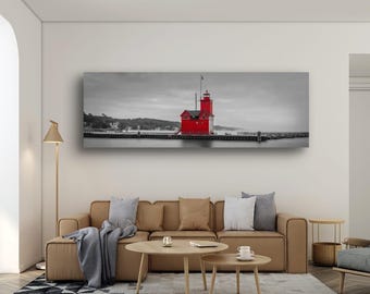 Impression photo grand phare rouge – Pays-Bas, art mural paysage du Michigan