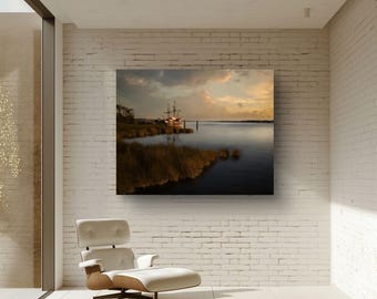 Vintage Ship Sunset Print – Roanoke Marshes, Outer Banks Wall Art