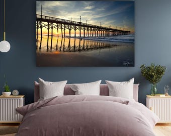 Tranquil Beach Sunrise: Reflections at Surf City Pier, NC