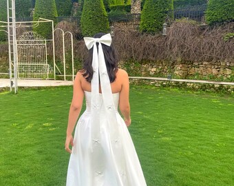 Fiocco per capelli da sposa, fiocco in raso, fiocco impreziosito da cristalli, pezzo di capelli da sposa, accessori da sposa per la sposa, fiocco con strass di cristallo, fiocco per capelli lunghi