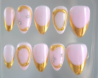 Handmade Gold Chrome French Tip Press On Nails: 3D Sparkle Design