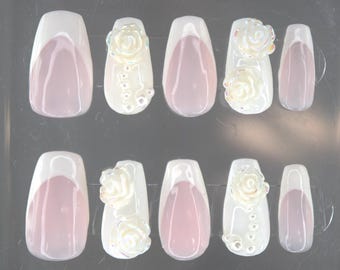 Handmade White French Tip Nails: Floral Bridal Design