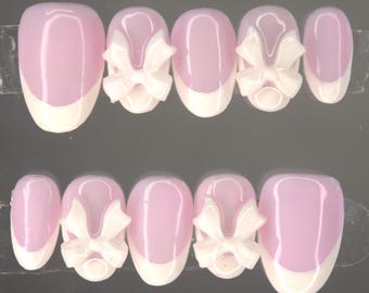 White Bow Press On Nails: French Tip Coquette Reusable Nails