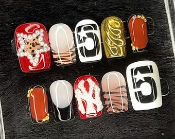 Street style nails red and gold press on nails