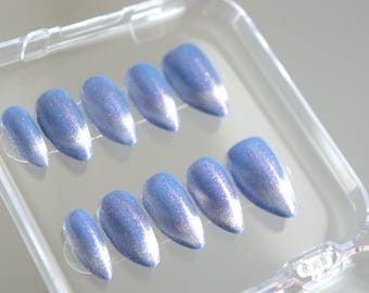 Handmade Blue Cat Eye Press On Nails: French Tip Design