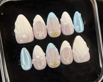 Handmade Seashell French Tip Nails with Pearls – Summer Blue Design